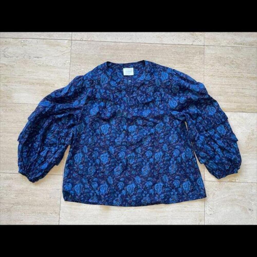 Sundays Blue Floral Ruffle Blouse 100% Cotton Size‎ S